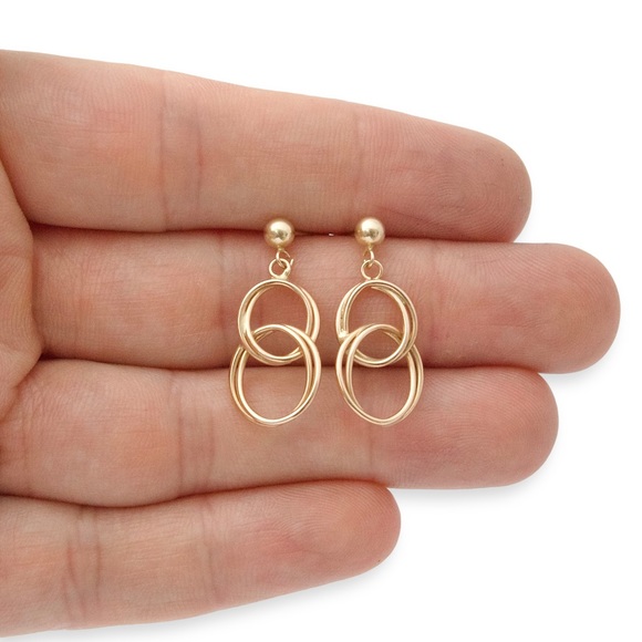 Vintage 14K Gold Dangle Earrings Interlocking Circle Drop Solid Yellow Gold - Picture 2 of 5